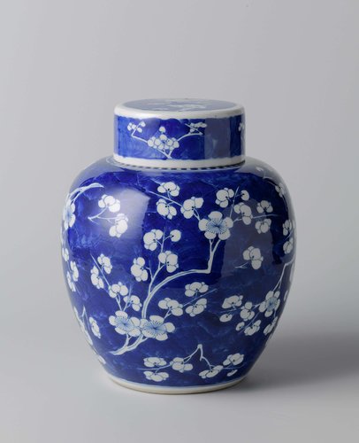 Ovoid covered jar with peach blossom on 'crackled ice' by anonymous