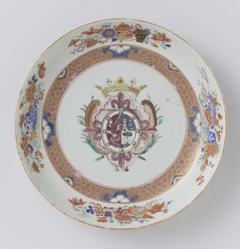 Saucer-dish with a crowned coat of arms and flowers with precious objects by anonymous