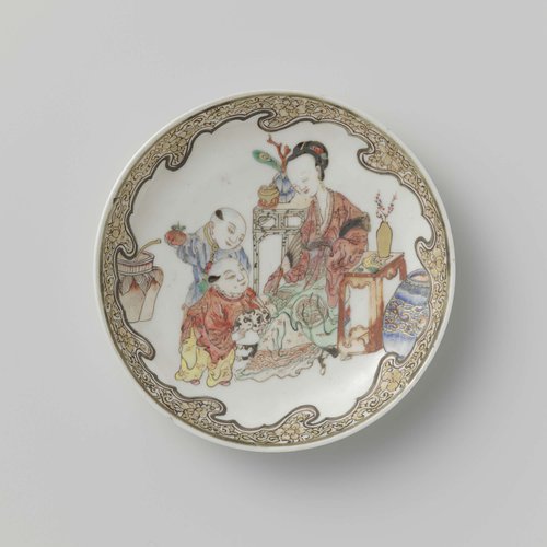 Saucer with a seated woman and two boys amid antiquities by anonymous
