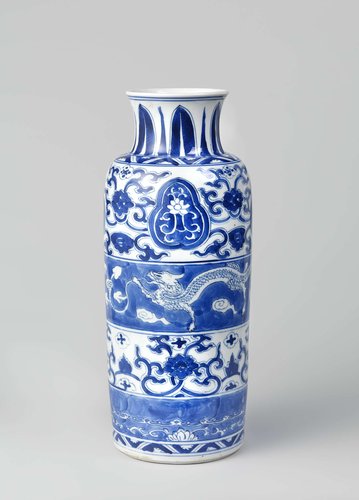 Cilindrical vase with dragons and floral scrolls by anonymous