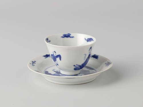 Cup and saucer with a woman and boy by anonymous