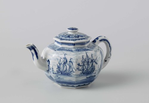 Octagonal teapot with a seascape with European ships by anonymous