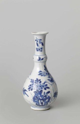 Pear-shaped bottle vase with flowering plants, birds and insects near a rock by anonymous