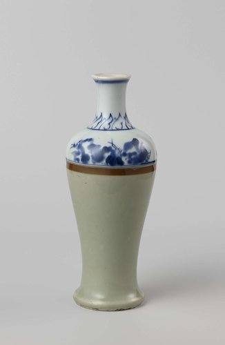 Flesvormige vaas met celadon groen, rotsen en fruittak by anonymous