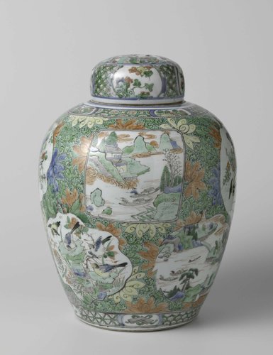 Covered jar with landscapes by anonymous