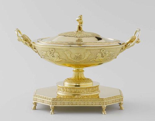 Tea tray, cake stands, jam dish, sugar bowls, coffee pot and milk jug