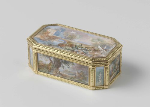 Snuifdoos van goud, rechthoekig met afgeschuinde hoeken, versierd met parkgezichten