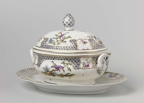 Tureen on stand with birds on branches and bouquets