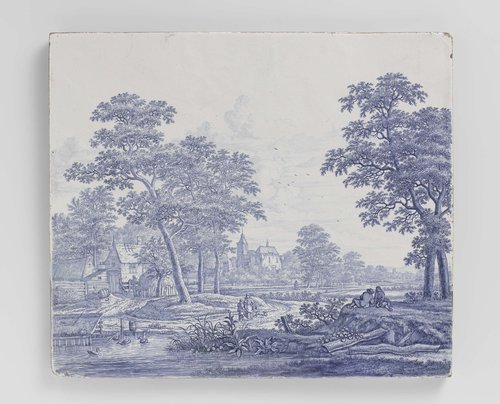 Plaat, beschilderd met een rivierlandschap met kasteel, boerderij en enkele figuren