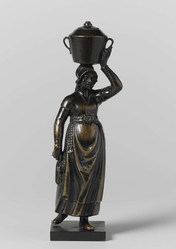 Boerin met ketel op het hoofd