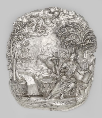 Wijwaterbak van gedreven zilver met voorstelling Johannes de Doper