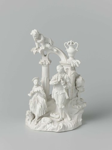 Figure group of a shepherd, and shepherdess near a ruin