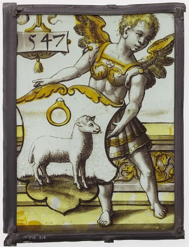 Ruit met jongeman met vleugels met wapenschild in de hand by anonymous