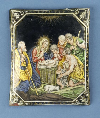 Plaquette van koper met émail met voorstelling van de Geboorte van Christus en de aanbidding door de herders.