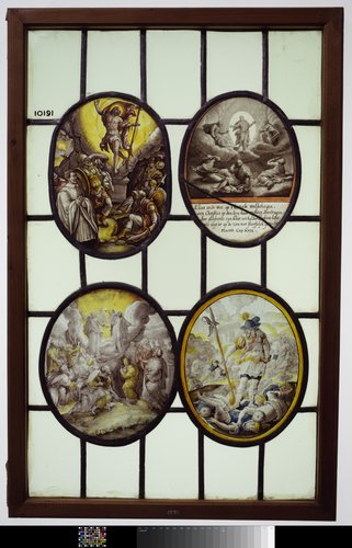 Ruit met de Opstanding, Christus op de wolken, met onderschrift, engelen op de wolken en Jozua vertrapt de koningen by anonymous