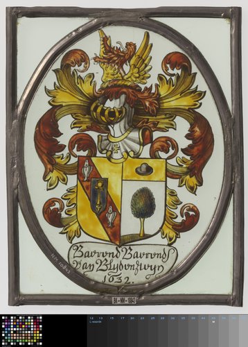 Ruit met wapenschild en tekst "Baerend Baerends van Blijdensteijn 1632" by anonymous