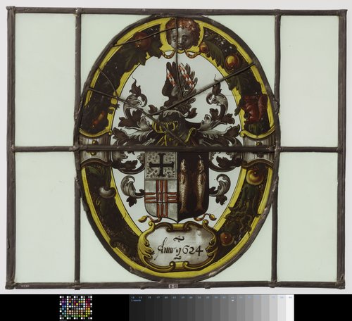 Wapenruit met schild met onder meer twee vissen en onderschrift "Anno 1624" by anonymous