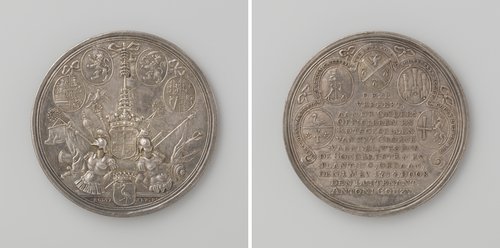Honderdste planting van de meiboom te 's-Gravenhage, penning vereerd aan de onderofficieren en rotsgezellen van het Groene Vendel by Martinus Holtzhey