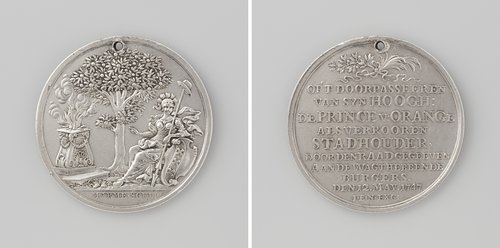 Verheffing van de prins van Oranje tot stadhouder, penning uitgedeeld aan de wachthebbende burgers van de stad Amsterdam ter ere van de doortocht van de prins door de stad