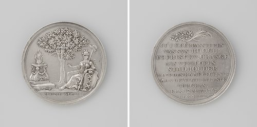 Verheffing van de prins van Oranje tot stadhouder, penning uitgedeeld aan de wachthebbende burgers van de stad Amsterdam ter ere van de doortocht van de prins door de stad
