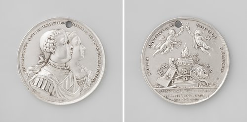 Huwelijk van Willem V met Wilhelmina Frederica Sophia van Pruisen te Berlijn, penning aangeboden aan de schutters van Amsterdam tijdens een vergadering in de Doelen en aan de brandmeesters van 's-Grav