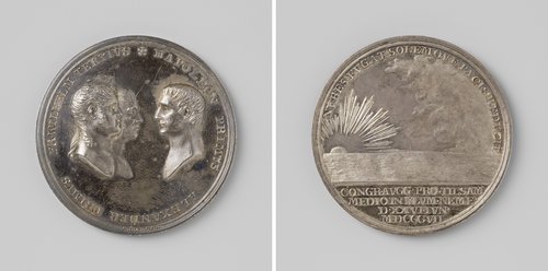 Ontmoeting van Napoleon I Bonaparte, keizer der Fransen, Alexander I, tsaar van Rusland en Frederik Willem III, koning van Pruisen op een vlot in de rivier Njemen bij Tilsit