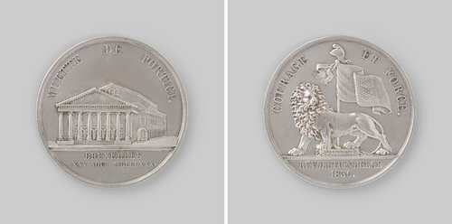 Uitvoering van de opera La Muette de Portici op de verjaardag van Willem I Frederik te Brussel en het uitbreken van de Belgische revolutie by Borel