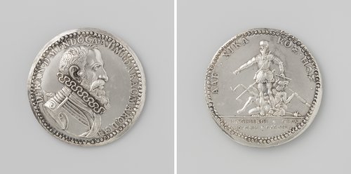 Standbeeld, door Jacques Jonghelinck vervaardigd, voor de hertog van Alva opgericht in de citadel van Antwerpen, penning ter ere van don Francisco de Mendoza