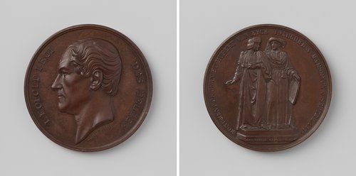 Oprichting van een standbeeld voor de gebroeders van Eyck te Maaseik door Leopold Wiener, ter ere van Leopold I, koning der Belgen