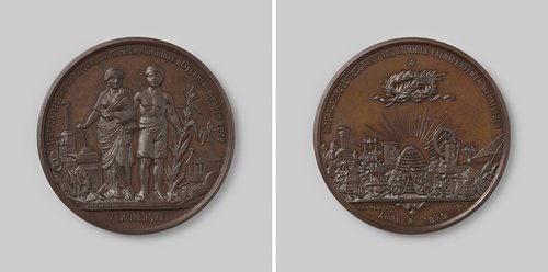 Internationale wedstrijd van sommige fabrikaten en werktuigen, tijdens de tentoonstelling van Nederlandsche en koloniale nijverheid te Arnhem, penning uitgereikt aan bestuur en jury