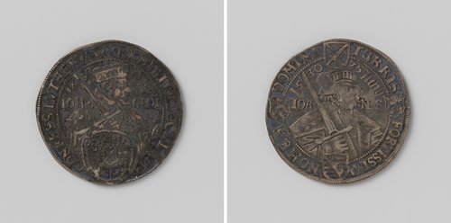 Herdenkingsmunt van een halve taler uit Saksen (Albertinische lijn) op naam van Johan Georg I (1591-1656) over het eerste eeuwfeest van het overleveren van de Augsburger geloofsbelijdenis op de Rijksdag