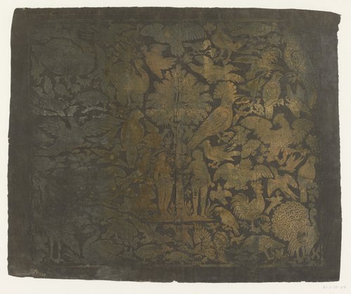 Blad met centraal Adam en Eva onder de appelboom omringd door dieren