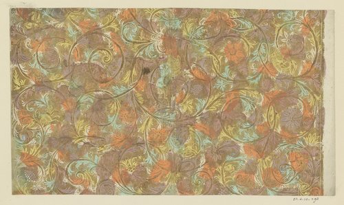 Blad met ranken met bloemen en vruchten met jachtscènes