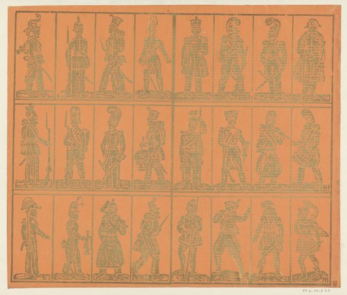 Blad met vierentwintig militaire figuren in drie rijen van acht kaders