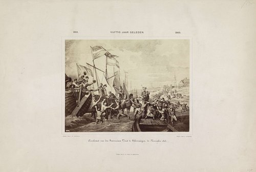 Prent van de aankomst van koning Willem I te Scheveningen, 1813 by WHL