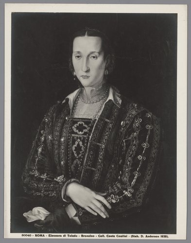 Fotoreproductie van het geschilderde portret van Eleonora van Toledo door Angelo Bronzino