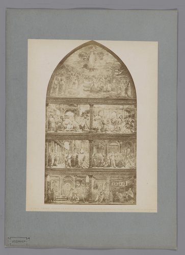 Fotoreproductie van een fresco met scènes uit de levens van Johannes de Doper en Maria naar Domenico Ghirlandaio in de Santa Maria Novella te Florence, Italië