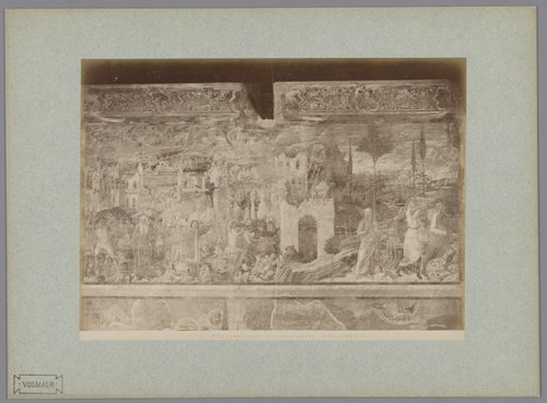 Fotoreproductie van het fresco Brand van Sodom naar Benozzo Gozzoli in het Camposanto te Pisa, Italië
