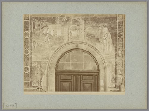 Fotoreproductie van het fresco Annunciatie en twee engelen door Benozzo Gozzoli in het Campo Santo te Pisa