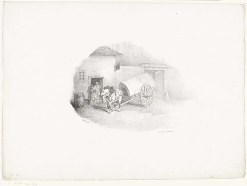 Paard en wagen voor een huis