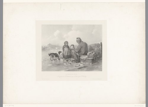 Visser met twee kinderen en een hond op het ijs