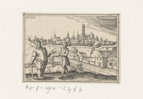 Gezicht op Groningen met een dikke en een dunne man