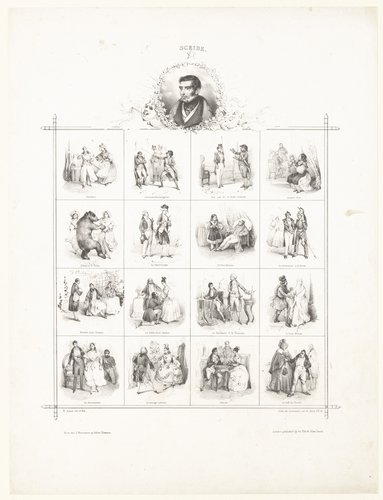 Portret van Eugène Scribe en zestien voorstellingen uit zijn werken by Victor Adam