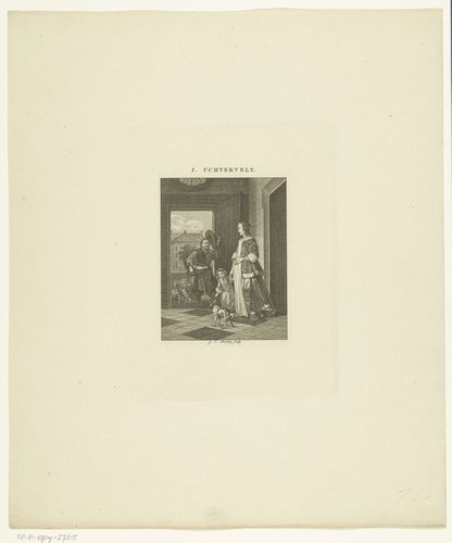 Man biedt vis te koop aan bij dame met kind aan hand in deuropening by Johannes Christiaan Bendorp