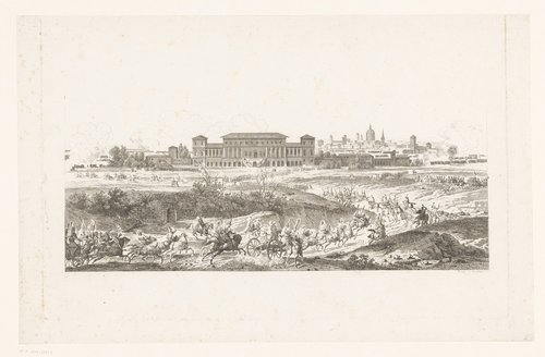 Landschap met zicht op een stad en een naderende cavalerie