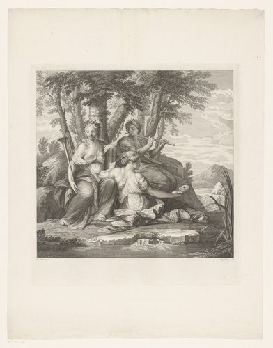 Muzen Clio, Thalia en Euterpe in een landschap