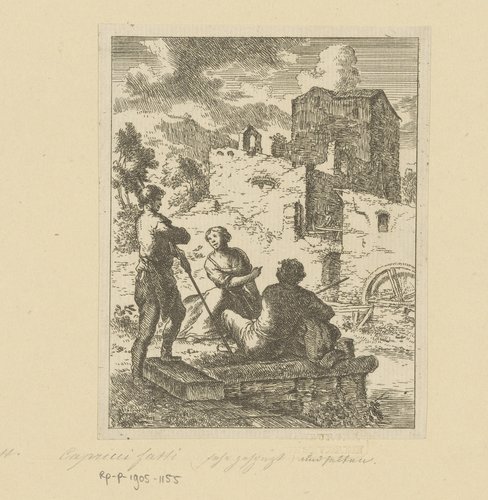 Drie herders rustend in een landschap met ruïnes