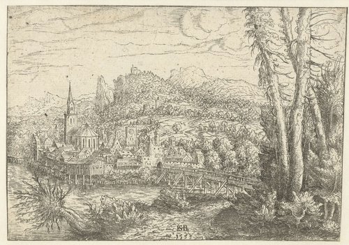 Landschap met stad aan rivier en houten brug