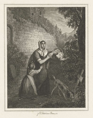 Biddende vrouw op kerkhof
