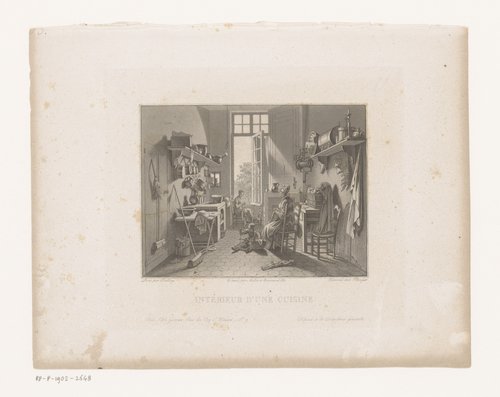 Keukeninterieur met twee jonge vrouwen en een kind